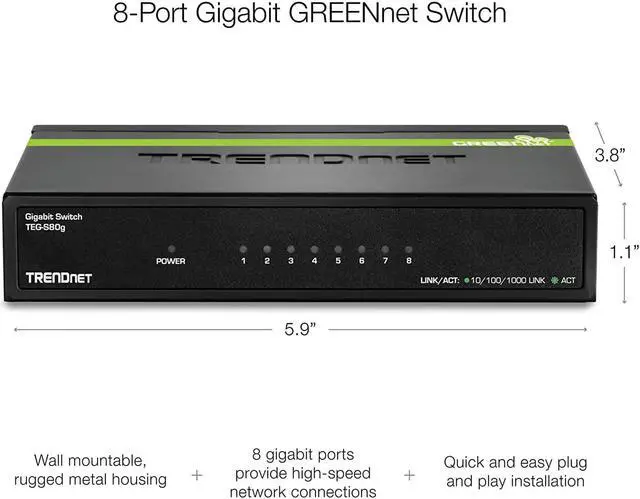 Alt view image 3 of 7 - TRENDnet 8-Port Unmanaged Gigabit Switch, TEG-S80G, Desktop Ethernet Metal Switch, Ethernet Splitter, Fanless,16Gbps Switching Capacity, Plug & Play, Lifetime Protection, Black