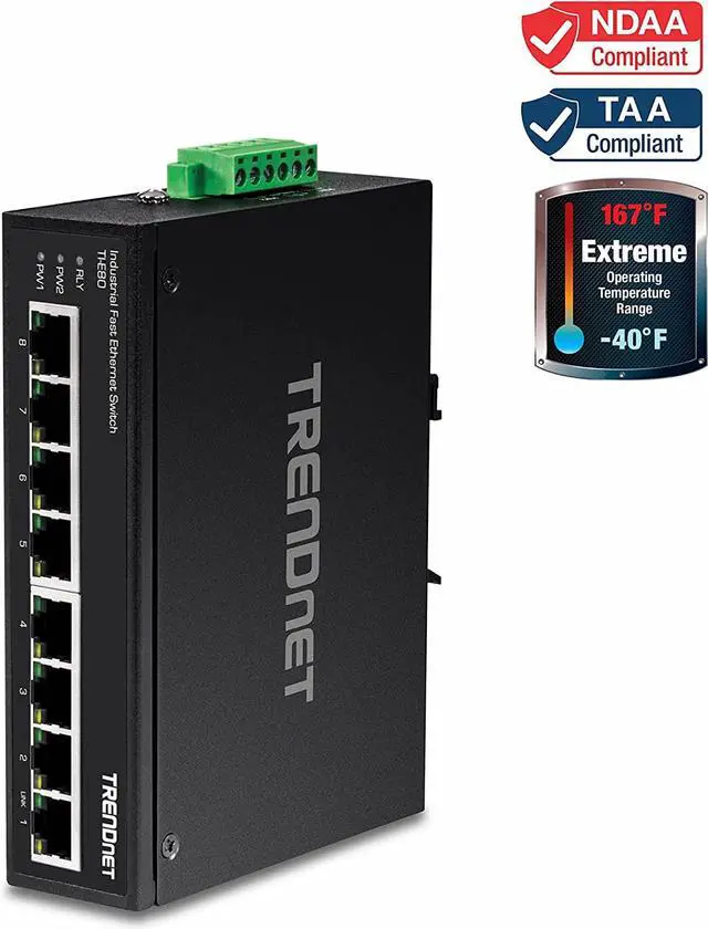 Alt view image 2 of 7 - 8-Port Industrial Unmanaged Fast Ethernet DIN-Rail Switch TI-E80 8 x Fast Ethernet Ports 1.6Gbps Switching Capacity 8 Port Network Fast Ethernet Switch IP30 Metal Switch Lifetime Protection