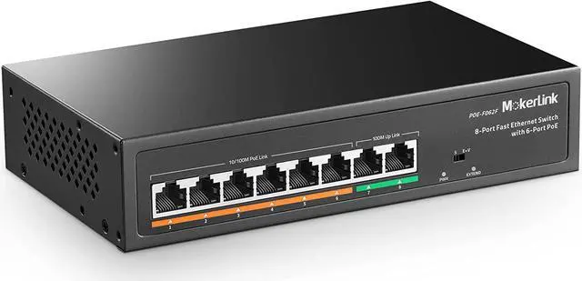Main image of MokerLink 8 Port PoE Switch with 6 PoE+ Port, 2 Uplink, 100Mbps, 78W AI Detection IEEE802.3af/at, Fanless Metal Plug & Play Network Switch