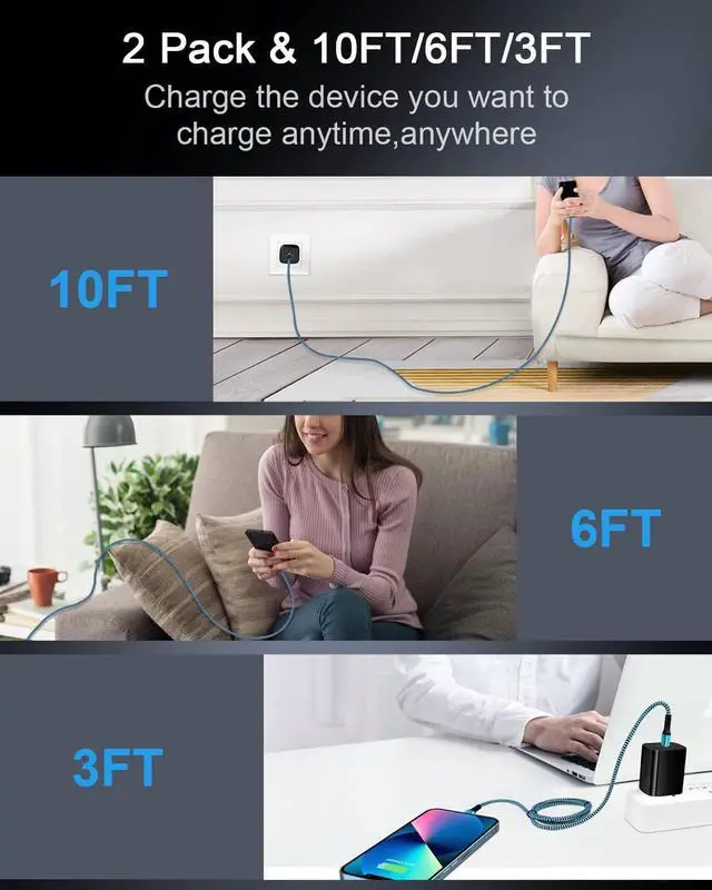 Alt view image 5 of 6 - 2pack-10ft USB Type C to Lightning Charger Cable Original  Usbc Power Delivery Fast Charging Cord for iPhone 14 13 Pro Max/13Pro/12/11/X/XR/XS/8 PD USB-C Lighting Wire Cargador Powerline