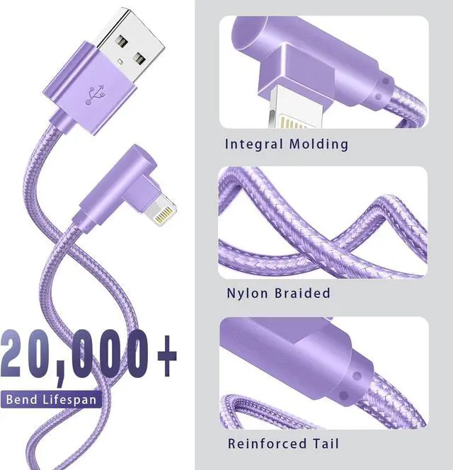 Alt view image 2 of 6 - iPhone Charger 3 Pack 6FT Lightning Cable [ MFi Certified] iPhone Fast Charging Cable 90 Degree Nylon Braided Cord Compatible with iPhone 14/13/12/11 Pro Max/XS MAX/XR/XS/X/8/7/Plus/iPad