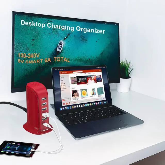 Alt view image 2 of 7 - USB Phone Charger 6 Ports 40W Upoy, Type C Wall Charger Smart 6A, Charging Tower with 5ft Power Cord, USB Power Adapter Fast Charging, Smart Home Device Charging Station, iPhone/Ipad Accessories