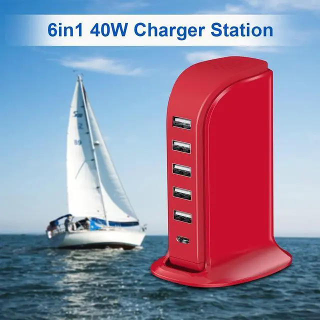 Alt view image 3 of 7 - USB Phone Charger 6 Ports 40W Upoy, Type C Wall Charger Smart 6A, Charging Tower with 5ft Power Cord, USB Power Adapter Fast Charging, Smart Home Device Charging Station, iPhone/Ipad Accessories
