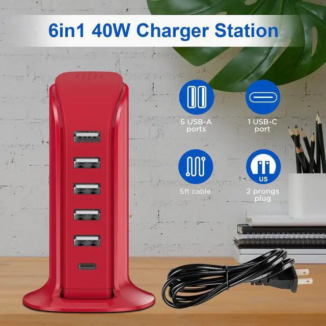 Alt view image 5 of 7 - USB Phone Charger 6 Ports 40W Upoy, Type C Wall Charger Smart 6A, Charging Tower with 5ft Power Cord, USB Power Adapter Fast Charging, Smart Home Device Charging Station, iPhone/Ipad Accessories