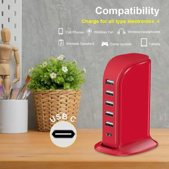 Alt view image 6 of 7 - USB Phone Charger 6 Ports 40W Upoy, Type C Wall Charger Smart 6A, Charging Tower with 5ft Power Cord, USB Power Adapter Fast Charging, Smart Home Device Charging Station, iPhone/Ipad Accessories