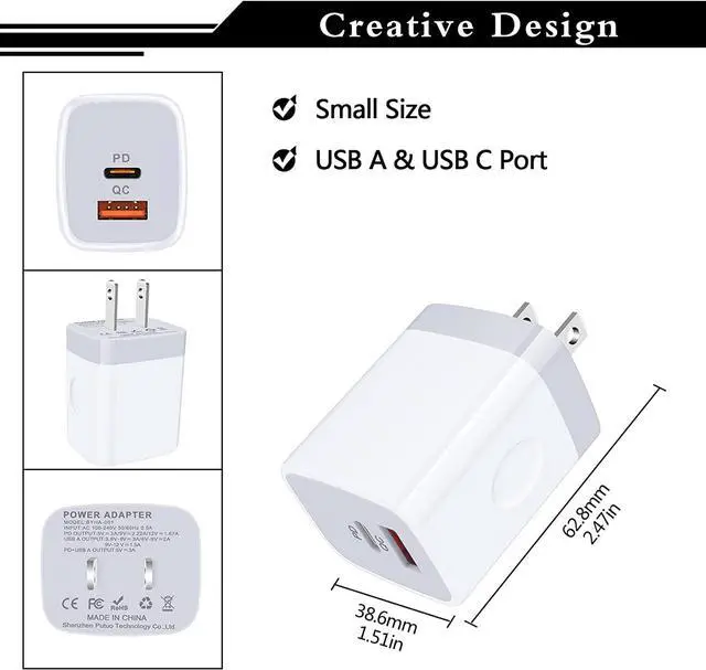 Alt view image 3 of 7 - USB C Power Adapter,3Pack 20W 2 Port PD&QC 3.0 Type C Fast Charging Block Wall Charger Compatible for iPhone 16e 16 15 14 13 12 11 Pro Max,SE,iPad,8 7 Plus,Samsung Galaxy S21 S20 S10 Plus,Pixel 9 8 7