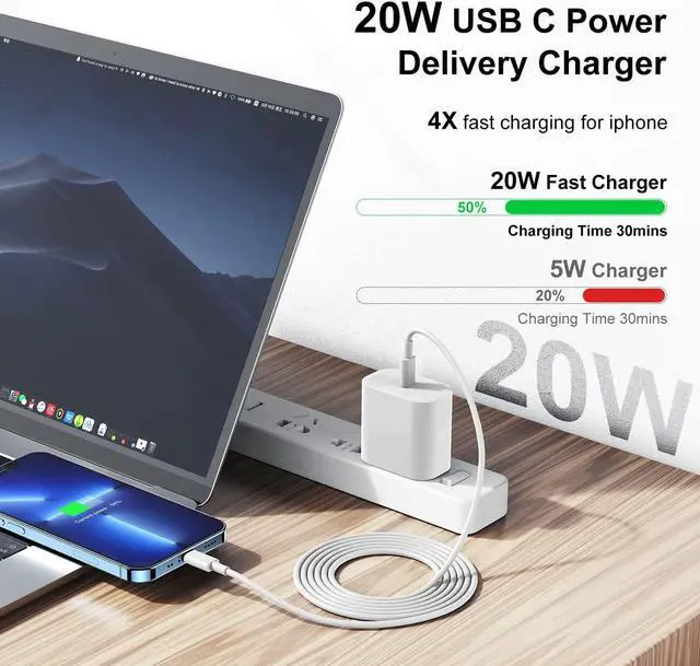 Alt view image 2 of 7 - [3x10FT] for iPhone Charger 20W USB C Fast Wall Charger with 10 ft USB C to Lightning Cable iPhone Charger Fast Charging Block with Long iPhone Chargers Cord for iPhone 14 13 12 11 Pro Max/XS-White