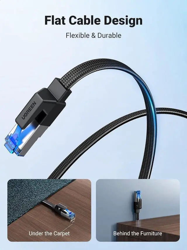Alt view image 4 of 7 - UGREEN Cat 8 Ethernet Cable 6FT, Flat High Speed 40Gbps 2000Mhz Internet Cable 26AWG Braided Network Cord RJ45 Shielded Indoor LAN Cables Compatible for Gaming PC PS5 Xbox Modem Router 6FT