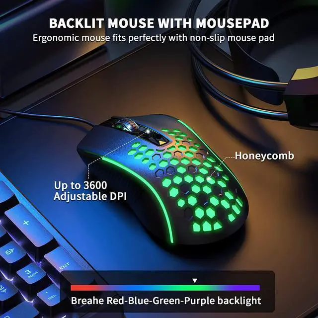 Alt view image 5 of 7 - AULA Gaming Keyboard Mouse Headset and Mousepad Combo, RGB LED Backlit Gaming Keyboard Bundle, USB Wired Keyboards Combo for PC Gamer, Xbox, PS4 Users