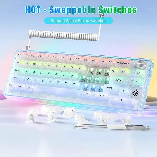 Alt view image 2 of 7 - MAGIC-REFINER MK31 60% Wired Mechanical Gaming Keyboard with Transparent Compact 66 Keys Chroma RGB Backlit, Custom Coiled C to A Cable, Ergonomic Hot Swappable Linear Switch Media Knob for PC/MAC