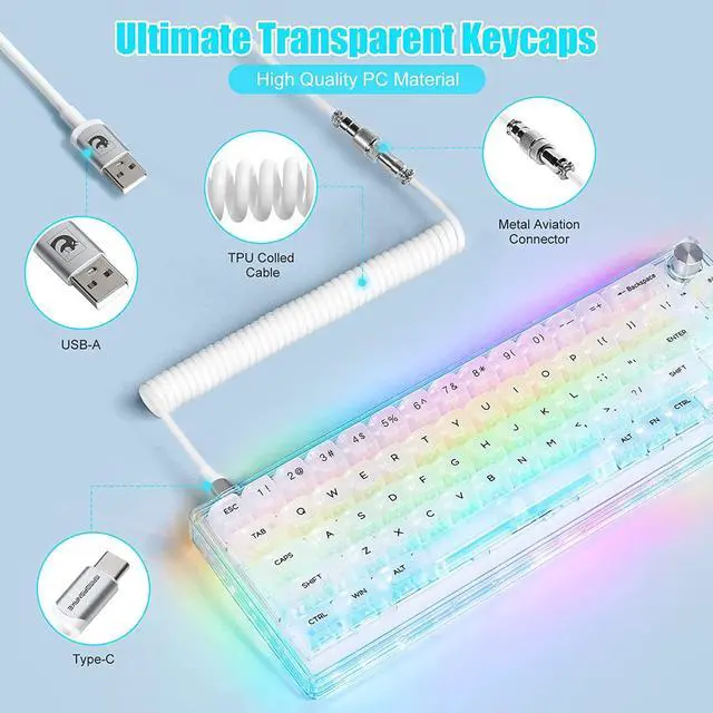 Alt view image 5 of 7 - MAGIC-REFINER MK31 60% Wired Mechanical Gaming Keyboard with Transparent Compact 66 Keys Chroma RGB Backlit, Custom Coiled C to A Cable, Ergonomic Hot Swappable Linear Switch Media Knob for PC/MAC