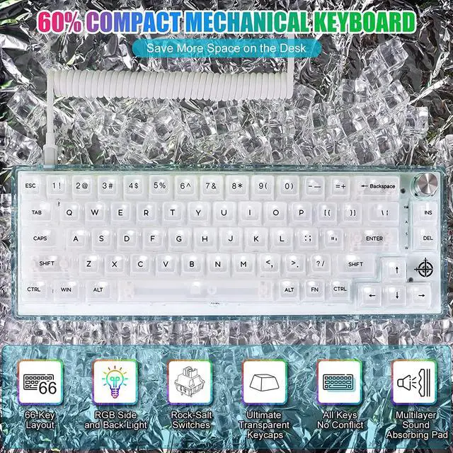 Alt view image 7 of 7 - MAGIC-REFINER MK31 60% Wired Mechanical Gaming Keyboard with Transparent Compact 66 Keys Chroma RGB Backlit, Custom Coiled C to A Cable, Ergonomic Hot Swappable Linear Switch Media Knob for PC/MAC