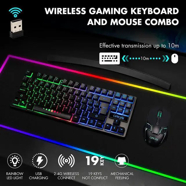 Alt view image 3 of 6 - Gaming Wireless TKL Keyboard Mouse Combo Rechargeable LED Backlit Tenkeyless Compact 87 Keys 6 Button for Computer Laptop PS4 PS5 Switch Compatible with Windows XP/7/8/10 iMac MacBook Xbox one X