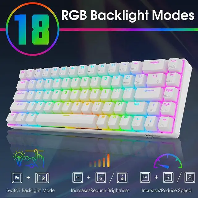 Alt view image 2 of 7 - RK ROYAL KLUDGE RK68 Wired 65% Mechanical Keyboard, RGB Backlit Ultra-Compact 60% Layout 68 Keys Gaming Keyboard, Hot Swappable Keyboard with Stand-Alone Arrow/Control Keys, Red Switch White