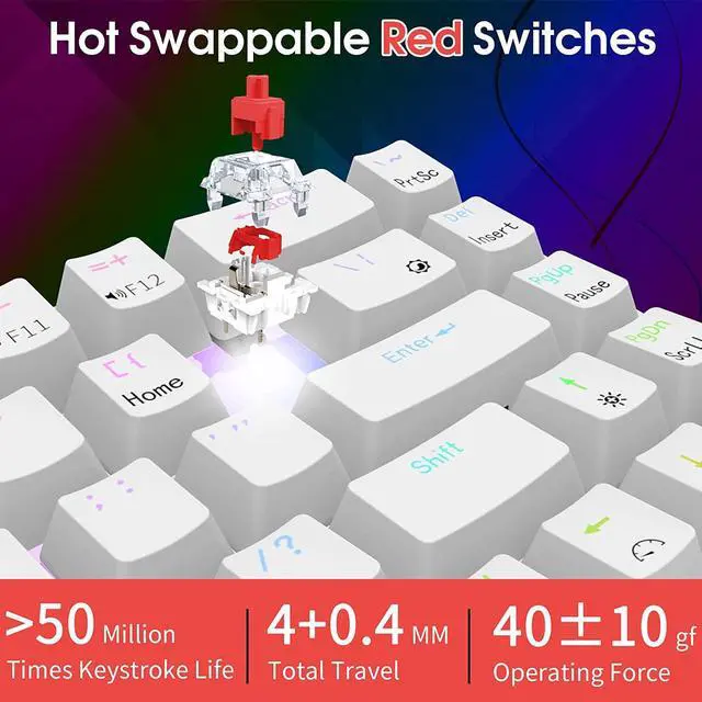 Alt view image 3 of 7 - RK ROYAL KLUDGE RK68 Wired 65% Mechanical Keyboard, RGB Backlit Ultra-Compact 60% Layout 68 Keys Gaming Keyboard, Hot Swappable Keyboard with Stand-Alone Arrow/Control Keys, Red Switch White