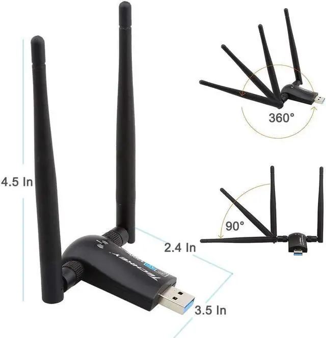 Alt view image 3 of 5 - USB WiFi Wireless Adapter for PC - Techkey 1200Mbps Dual Band 2.4GHz/300Mbps 5GHz/867Mbps High Gain Dual 5dBi Antennas Network WiFi USB 3.0 for Desktop Laptop with Windows 10/8/7/XP Mac OS/10.9-10.15