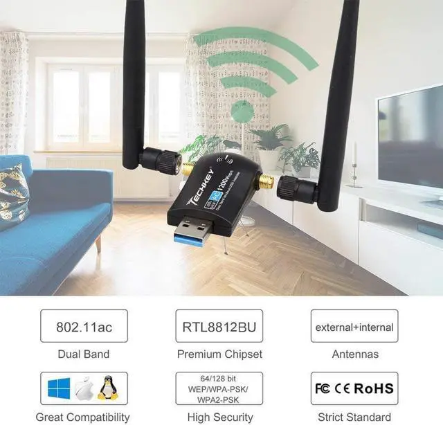 Alt view image 4 of 5 - USB WiFi Wireless Adapter for PC - Techkey 1200Mbps Dual Band 2.4GHz/300Mbps 5GHz/867Mbps High Gain Dual 5dBi Antennas Network WiFi USB 3.0 for Desktop Laptop with Windows 10/8/7/XP Mac OS/10.9-10.15