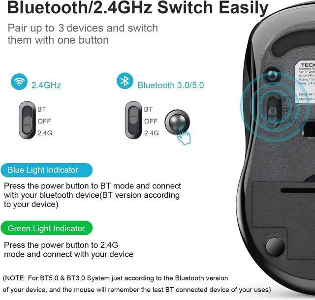 Alt view image 6 of 7 - TECKNET Bluetooth Wireless Mouse, 3 Modes Bluetooth 5.0 & 3.0 Mouse 2.4G Wireless Portable Optical Mouse with USB Nano Receiver, 2400 DPI for Laptop, MacBook, PC, Windows, Android, OS System (Grey)