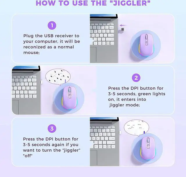 Alt view image 2 of 7 - Wireless Mouse Jiggler - LED Wireless Mice with Build-in Mouse Mover, Rechargeable Moving Mouse for Laptop with Undetectable Random Movement Keeps Computers Awake - Purple