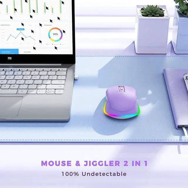 Alt view image 3 of 7 - Wireless Mouse Jiggler - LED Wireless Mice with Build-in Mouse Mover, Rechargeable Moving Mouse for Laptop with Undetectable Random Movement Keeps Computers Awake - Purple
