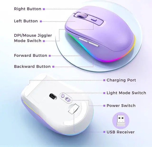 Alt view image 6 of 7 - Wireless Mouse Jiggler - LED Wireless Mice with Build-in Mouse Mover, Rechargeable Moving Mouse for Laptop with Undetectable Random Movement Keeps Computers Awake - Purple