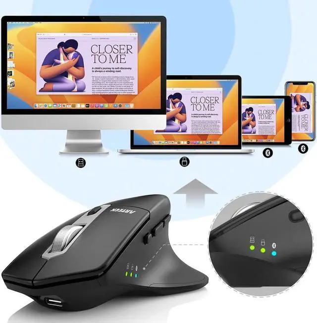 Alt view image 7 of 7 - Multi-Device Wireless Bluetooth Mouse with Nano USB-A USB-C Receiver Ergonomic Right Hand Silent Clicking Rechargeable Mouse for Computer Desktop PC Laptop Mac iPad and Windows 11/10 iPad OS