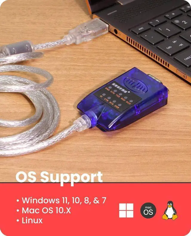 Alt view image 3 of 6 - USB to Serial RS-232 Adapter with LED Indicators FTDI Chipset Supports Windows 11/10/8.1/8/7/ Mac OS X 10.6 and Above