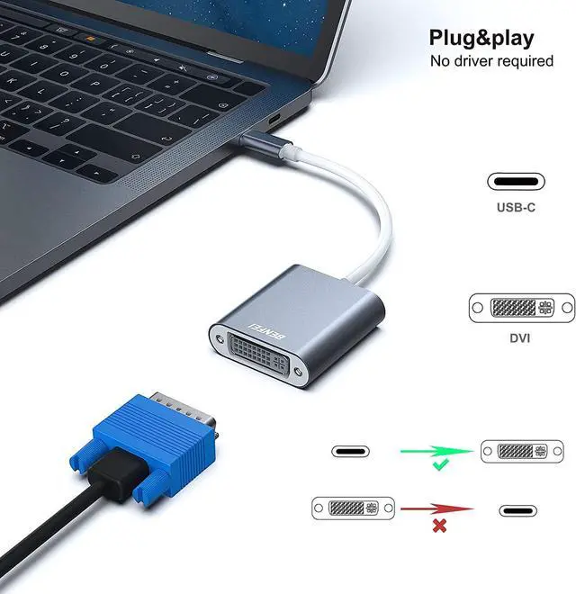 Alt view image 2 of 7 - BENFEI USB C to DVI Adapter, Type-C to DVI Adapter [Thunderbolt 3/4 Compatible] with iPhone 15 Pro/Max, MacBook Pro/Air 2023, iPad Pro, iMac, S23, XPS 17, Surface Book 3 and More - Grey