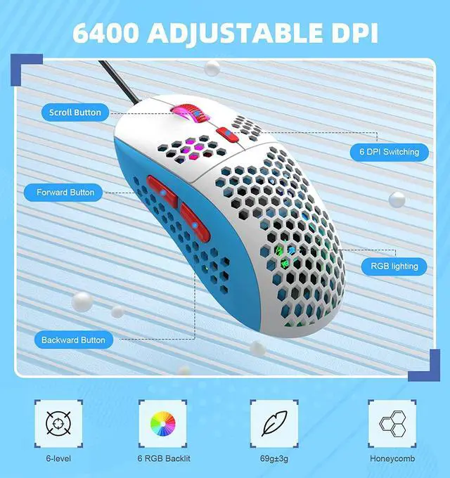 Alt view image 4 of 7 - LexonElec T60PRO 60% Mechanical Keyboard and Mouse Combo+Coiled USB C Cable, Compact RGB LED Backlit Keyboard, Linear Red Switch, 6400 DPI Programmable RGB Mouse for PC Mac Gamer(Blue&White)