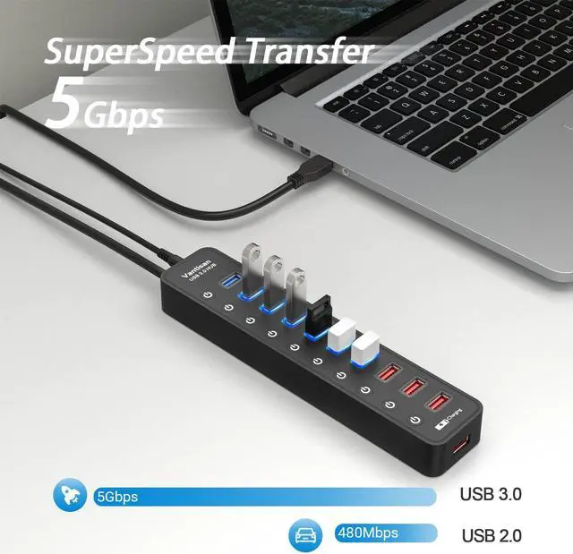 Alt view image 2 of 7 - Powered USB 3.0 hub 11-Port USB Hub Splitter Extension 7 USB 3.0 Data Ports + 4 Smart Charging Ports with Individual LED On/Off Switches and 12V/3A Power Adapter for USB Devices.