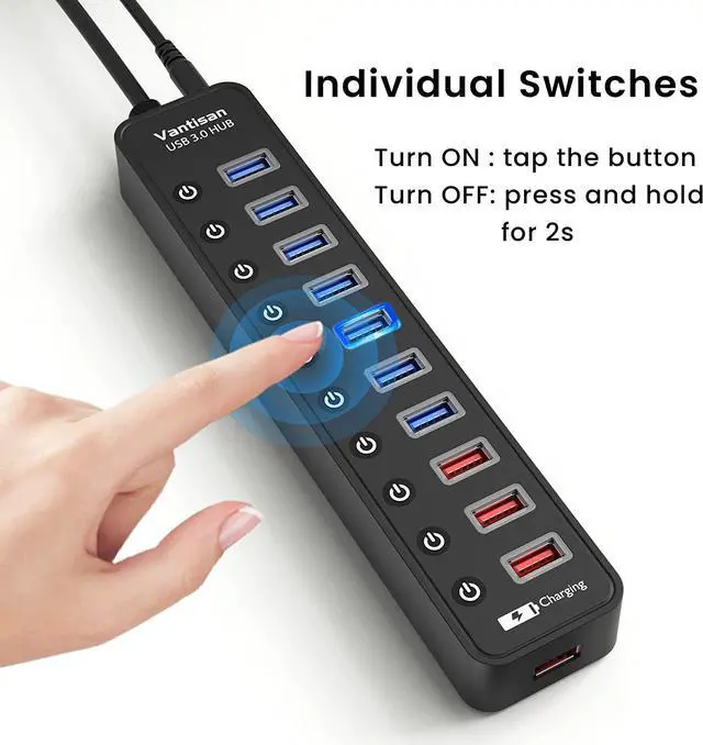 Alt view image 3 of 7 - Powered USB 3.0 hub 11-Port USB Hub Splitter Extension 7 USB 3.0 Data Ports + 4 Smart Charging Ports with Individual LED On/Off Switches and 12V/3A Power Adapter for USB Devices.