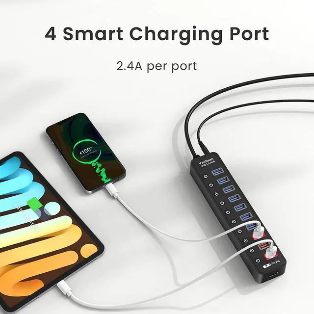 Alt view image 5 of 7 - Powered USB 3.0 hub 11-Port USB Hub Splitter Extension 7 USB 3.0 Data Ports + 4 Smart Charging Ports with Individual LED On/Off Switches and 12V/3A Power Adapter for USB Devices.