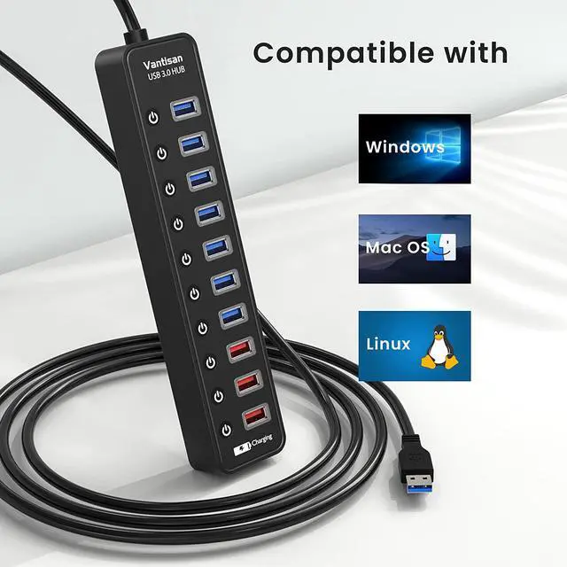 Alt view image 6 of 7 - Powered USB 3.0 hub 11-Port USB Hub Splitter Extension 7 USB 3.0 Data Ports + 4 Smart Charging Ports with Individual LED On/Off Switches and 12V/3A Power Adapter for USB Devices.