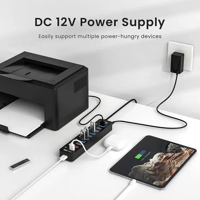 Alt view image 7 of 7 - Powered USB 3.0 hub 11-Port USB Hub Splitter Extension 7 USB 3.0 Data Ports + 4 Smart Charging Ports with Individual LED On/Off Switches and 12V/3A Power Adapter for USB Devices.