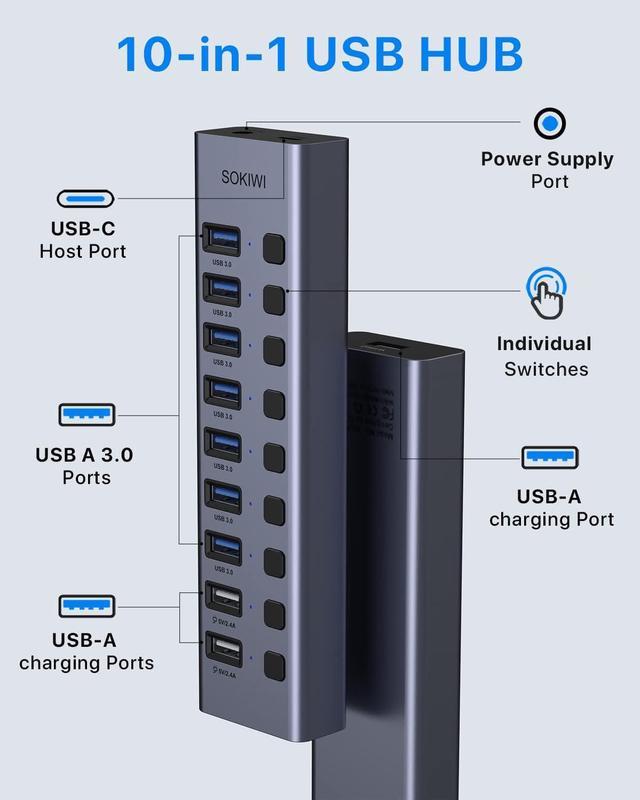 LATORICE USB Hub Powered, 13 Multi-Port USB Hub with 10 USB 3.0 Ports 2 IQ  Quick Charge Ports, and Port with up to 2,4A Power, Powered USB Splitter