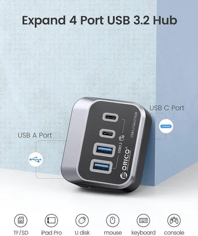 Alt view image 4 of 7 - ORICO USB Hub 10Gbps with 2 USB A Ports+2 USB C Ports, USB 3.2 Gen 2 Hub with 1.64Ft USB-C Cable and USB-A Adapter USB Splitter for iMac, All MacBooks, Mac Mini-Plastic Version