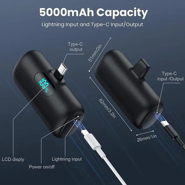 Alt view image 6 of 6 - [2-Pack] Mini Portable Charger 5000mAh Power Bank,3A PD USB C Cell Phone Portable Power, LCD Display Battery Pack Compatible with iPhone 16/15/15 plus/15 pro/15 pro Max/Android/Samsung/Moto/LG etc