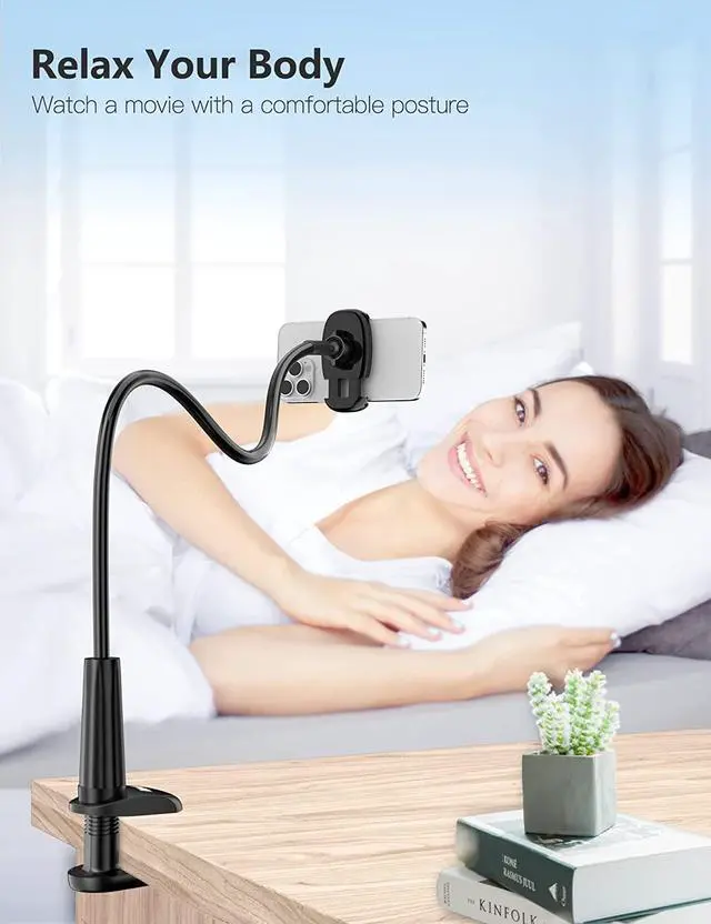 Alt view image 2 of 6 - Gooseneck Phone Holder Stand for Bed Flexible Arm Adjustable Cell Phones Mount Clamp on Desk Bedframe Compatible with iPhone 14 Pro Max 13 12 11 X SE Series/ S22 or Other 4-7 Devices