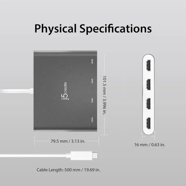 Alt view image 6 of 6 - USB-C to 4 Port HDMI Adapter Hub- Multi Monitor Splitter - Support 4 1080p 60Hz Displays - Compatible with Type-C MacBook and Windows Laptop (JCA366)