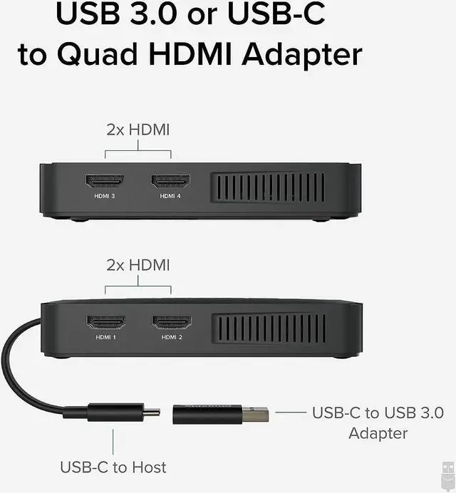 Alt view image 2 of 7 - 4 HDMI Multi Monitor Adapter USB 3.0 or USB C to HDMI Adapter Compatible with Windows and Mac Quad Adapter Supports 1920x1080@60Hz