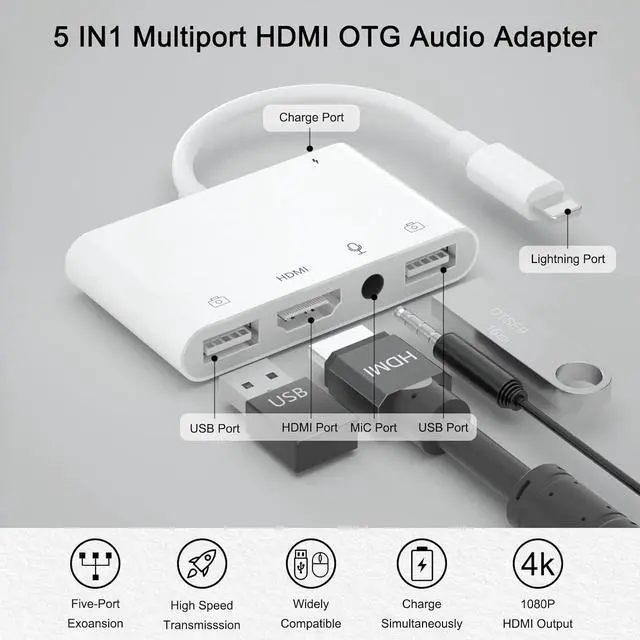 Alt view image 2 of 7 - iPhone Microphone Adapter for Live-Streaming HDMI Adapter for iPhone to TV Dual USB Female OTG Adapter with Charging Port Compatible with iPhone/iPad/iPod No Application Plug and Play