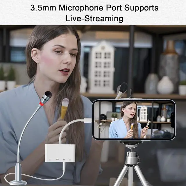 Alt view image 3 of 7 - iPhone Microphone Adapter for Live-Streaming HDMI Adapter for iPhone to TV Dual USB Female OTG Adapter with Charging Port Compatible with iPhone/iPad/iPod No Application Plug and Play
