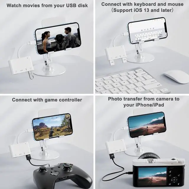 Alt view image 5 of 7 - iPhone Microphone Adapter for Live-Streaming HDMI Adapter for iPhone to TV Dual USB Female OTG Adapter with Charging Port Compatible with iPhone/iPad/iPod No Application Plug and Play