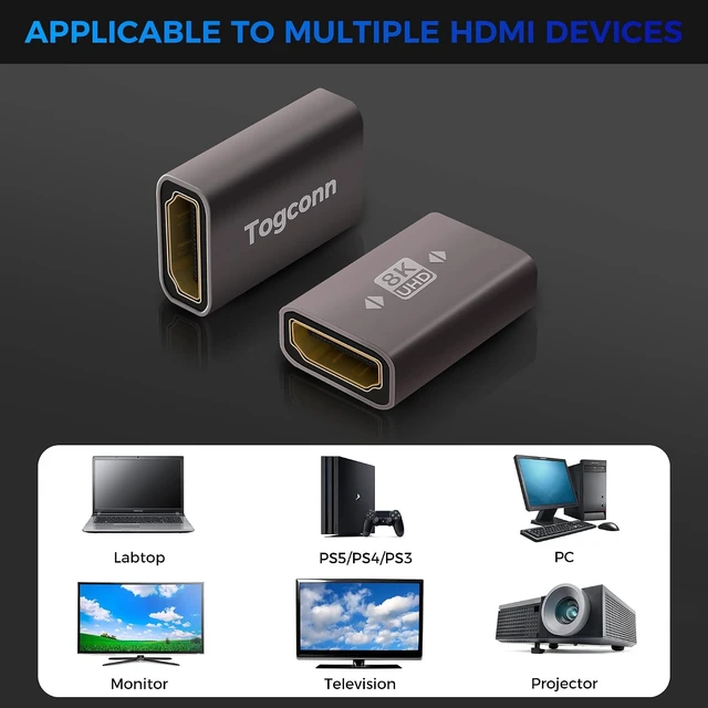 Alt view image 6 of 6 - 8K HDMI Coupler 2 Pack HDMI 2.1 Female to Female Connector HDMI Extension Adapter Supports 4K@120Hz 8K@60Hz 2K Compatible with HDTV Monitors Laptop Projector PS5/4 X