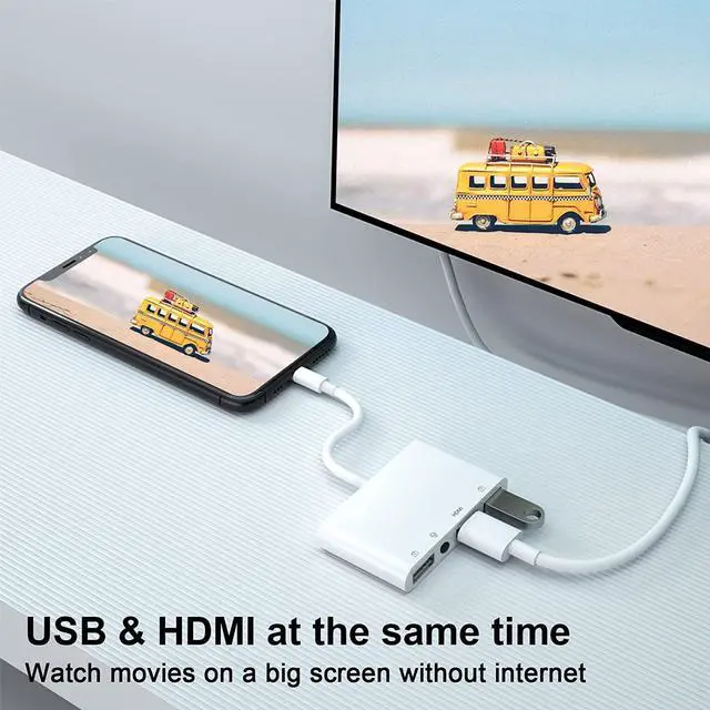 Alt view image 2 of 7 - Lightning to HDMI Adapter for iPhone/iPad to TV Dual USB OTG Adapter with Microphone Input for Live-Streaming MIDI Keyboard Mouse HD TV/Projector/Monitor Compatible