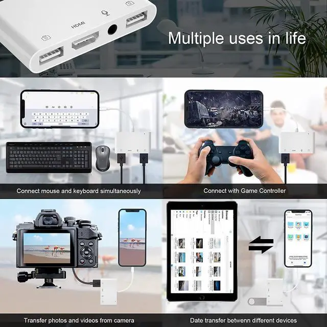 Alt view image 4 of 7 - Lightning to HDMI Adapter for iPhone/iPad to TV Dual USB OTG Adapter with Microphone Input for Live-Streaming MIDI Keyboard Mouse HD TV/Projector/Monitor Compatible