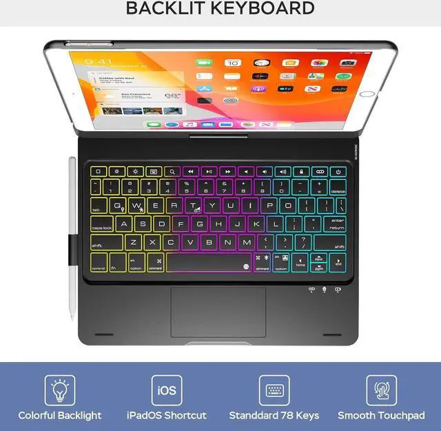 Alt view image 4 of 7 - Case For iPad 9th Generation Case with Keyboard 360° Rotatable Touchpad and 7 Color Backlight & Pencil Holder for iPad 9th/8th/7th Gen 10.2 inch & iPad Air 3rd Gen/iPad Pro 10.5 inch - Black