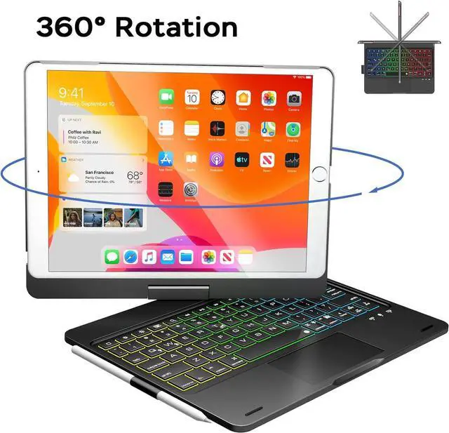 Alt view image 5 of 7 - Case For iPad 9th Generation Case with Keyboard 360° Rotatable Touchpad and 7 Color Backlight & Pencil Holder for iPad 9th/8th/7th Gen 10.2 inch & iPad Air 3rd Gen/iPad Pro 10.5 inch - Black