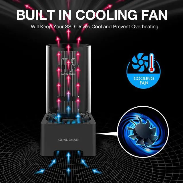 Alt view image 3 of 7 - M.2 NVMe SATA PCIe SSD Enclosure Adapter Docking Station with Cooling Fan, USB3.2 Gen2 10Gbps External Case USB C, Support UASP and Trim, M2 NGFF M Key B+M Key, RTL9210B Chipset Black -