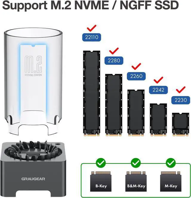 Alt view image 4 of 7 - M.2 NVMe SATA PCIe SSD Enclosure Adapter Docking Station with Cooling Fan, USB3.2 Gen2 10Gbps External Case USB C, Support UASP and Trim, M2 NGFF M Key B+M Key, RTL9210B Chipset Black -